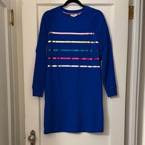 Boden Cobalt Blue Sweatshirt with Pink, Green and Silver Stripe Trim